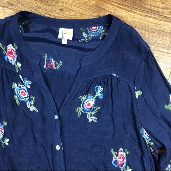 Fig & Flower Navy Blue Embroidered Floral Sheer Blouse - Picture 2 of 8